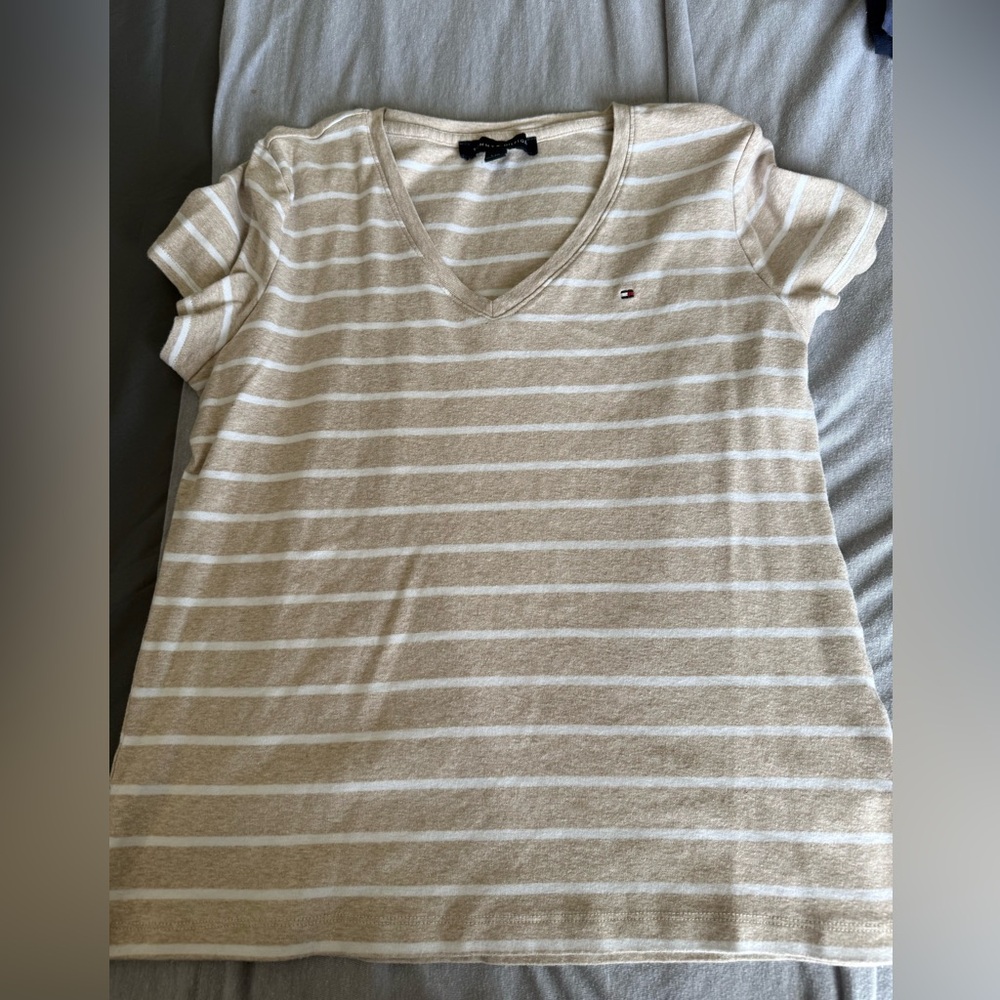 Tommy Hilfiger Beige and White Striped Short Sleeve Tee